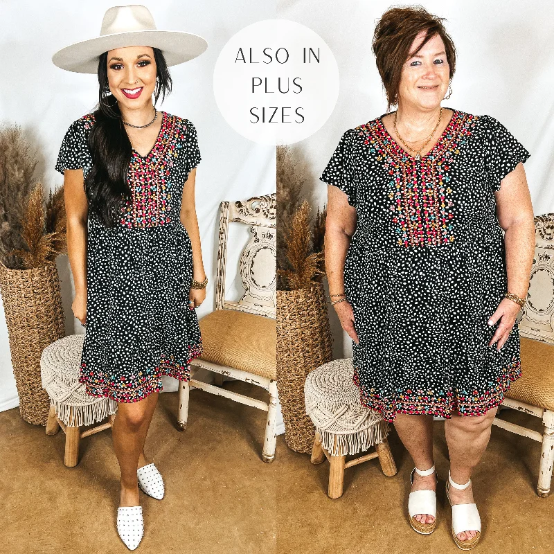 Price Meltdown Last Chance Size Small | Looking Good Feeling Better Spotted Dress with Colorful Embroidery in Black