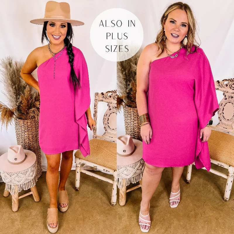Flash Sale Last Chance Size Small & Medium | Champagne Getaway One Shoulder Dress in Fuchsia