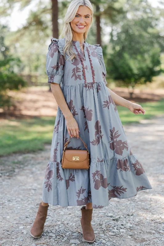 Discount Mania All In The Allure Slate Blue Floral Midi Dress