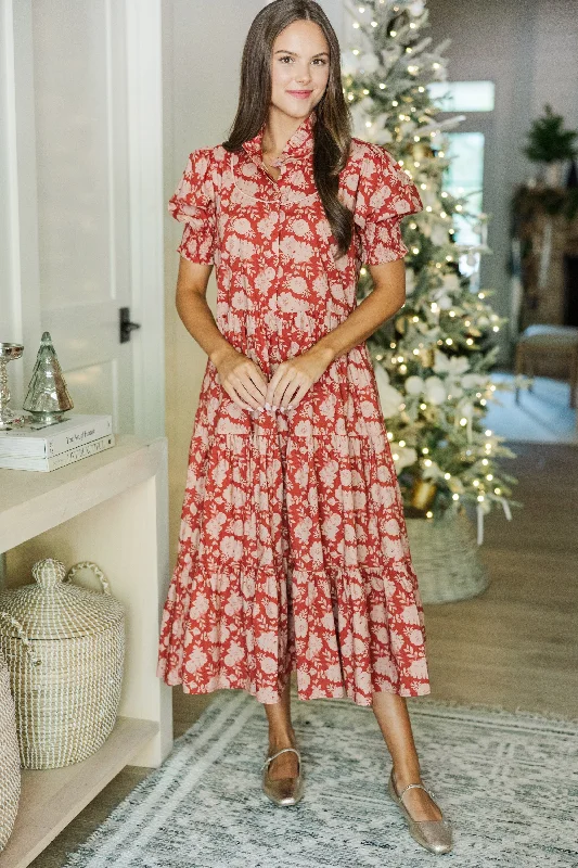 Major Savings Ready For It All Red Floral Midi Dress