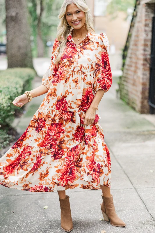 Act Fast Just Go With It Cream Floral Midi Dress