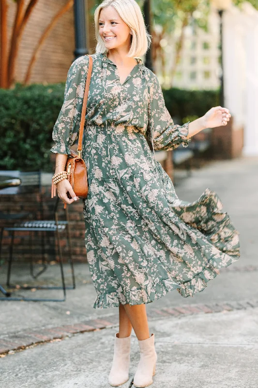 Today’s Special Pinch: Class Act Dark Olive Green Floral Mid Dress