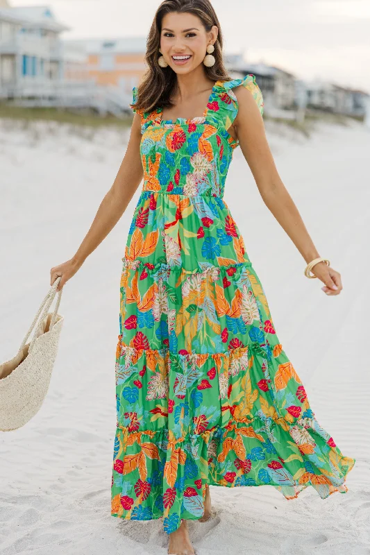Special Price Fearless Travels Green Tropical Maxi Dress