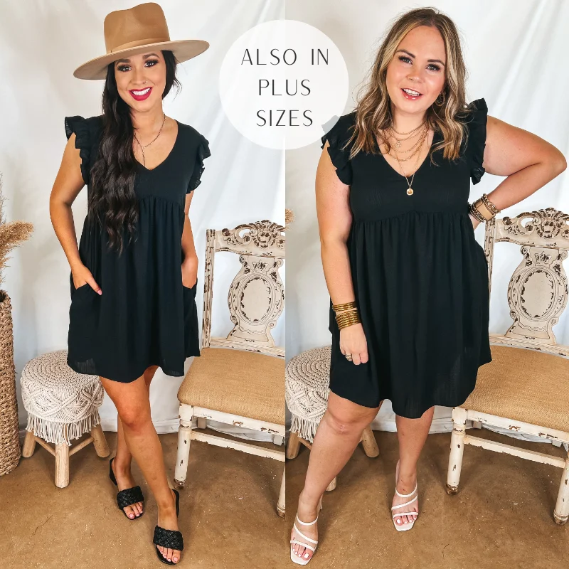 Special Discount Last Chance Size Small | Capture Your Attention V Neck Dress with Ruffle Cap Sleeves in Black