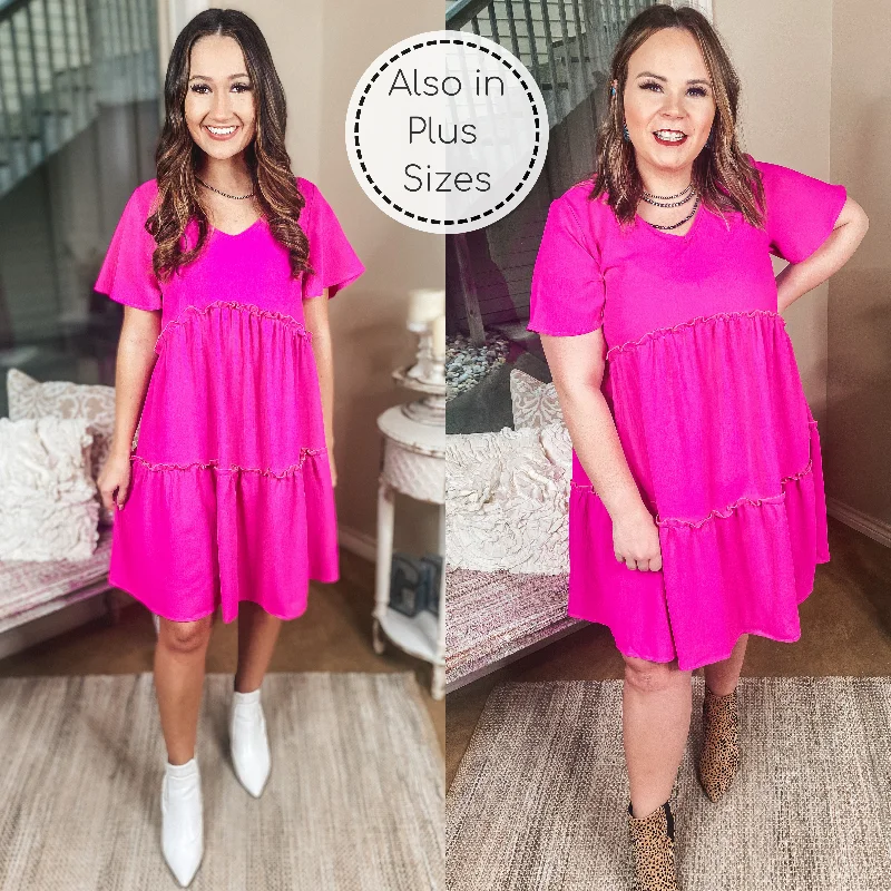 Deal Mania Waiting For Wednesday Short Sleeve Tiered Babydoll Dress in Fuchsia Pink