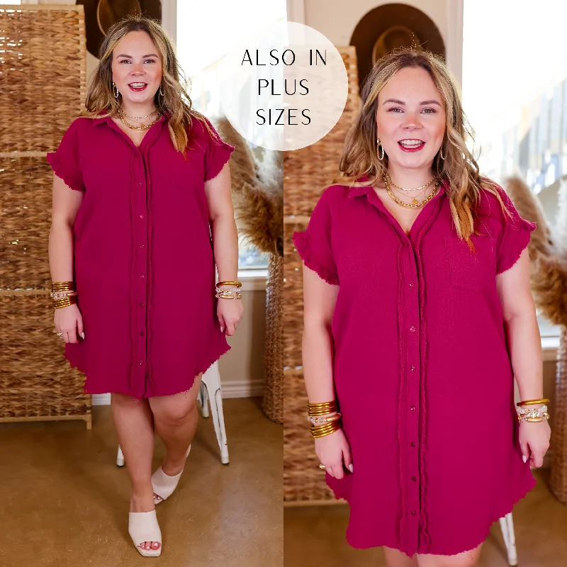 Discount Days Spring Glow Button Up Raw Hem Dress in Raspberry Red