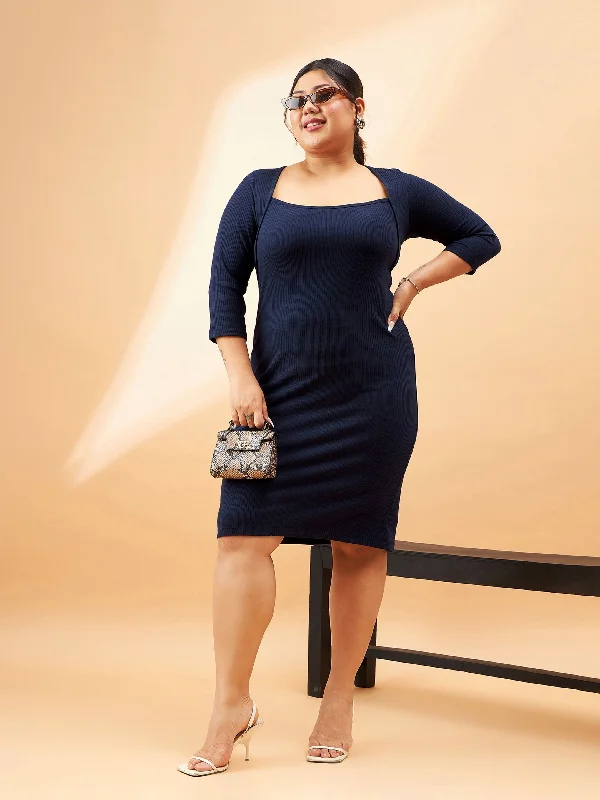 Special Discount Women Navy Rib Square Neck Dress