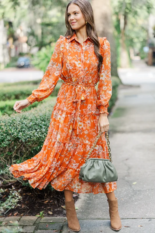 Buy More, Save More Found The One Rust Orange Floral Midi Dress