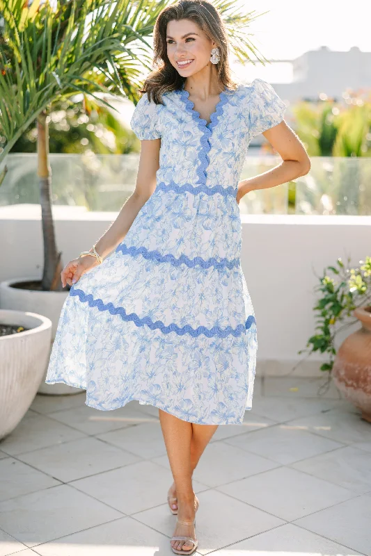 Price Reduction Call On Me Blue Floral Midi Dress