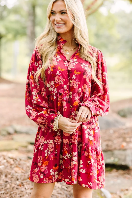 Hot Deal On The Right Track Burgundy Red Floral Babydoll Dress