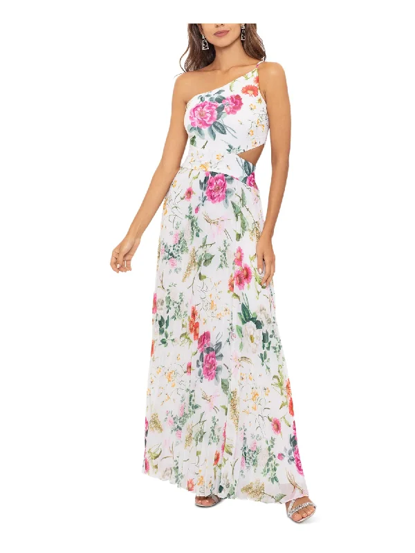 Flash Sale BETSY & ADAM Womens White Pleated Zippered Side Cut-out Lined Floral Sleeveless Asymmetrical Neckline Full-Length Evening Gown Dress Flash Sale BETSY & ADAM Womens White Pleated Zippered Side Cut-out Lined Floral Sleeveless Asymmetrical Neckline Full-Length Evening Gown Dress