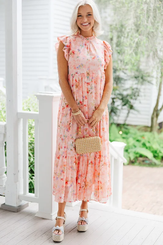 Act Fast This Is The Way Coral Orange Ditsy Floral Midi Dress