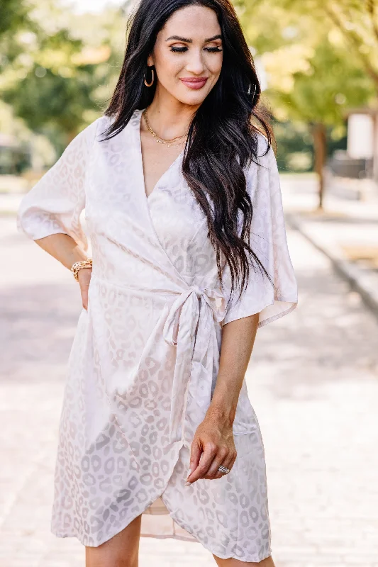 Get It Before It’s Gone Make Your Mark Champagne White Satin Leopard Wrap Dress