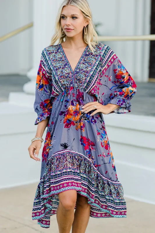 Overstock Influenced By Florals Gray Floral Midi Dress