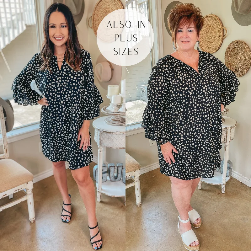 Amazing Deals Last Chance Size Small | It's A Date Notched V-Neck Dotted Dress with Bell Sleeves in Black