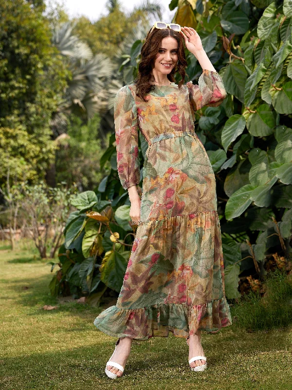New Arrival Women Green Jungle Print Waist Cut Out Maxi Dress