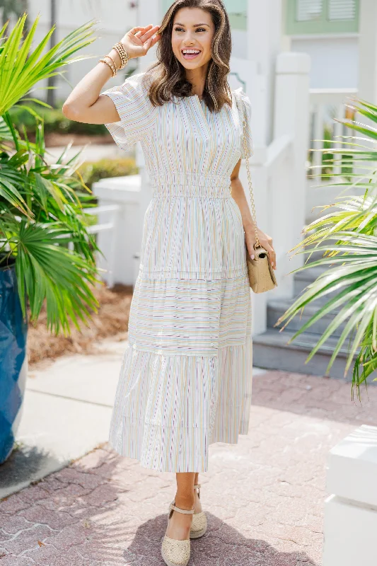 Online Only Fate: Stay Where You Are Cream White Striped Midi Dress