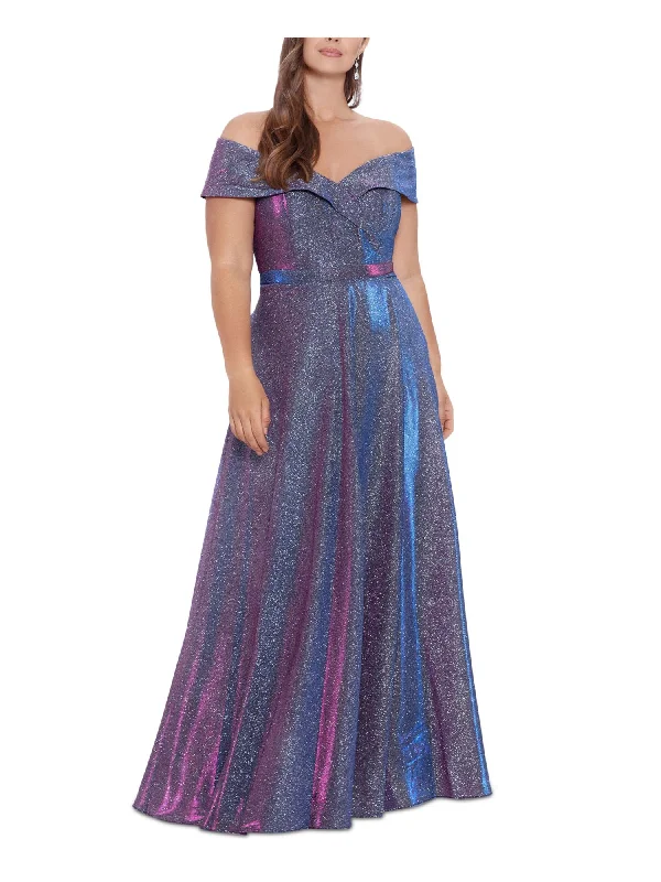 Price Cut XSCAPE Womens Blue Zippered Pocketed Molded Cups Lined Short Sleeve Off Shoulder Full-Length Evening Gown Dress Price Cut XSCAPE Womens Blue Zippered Pocketed Molded Cups Lined Short Sleeve Off Shoulder Full-Length Evening Gown Dress