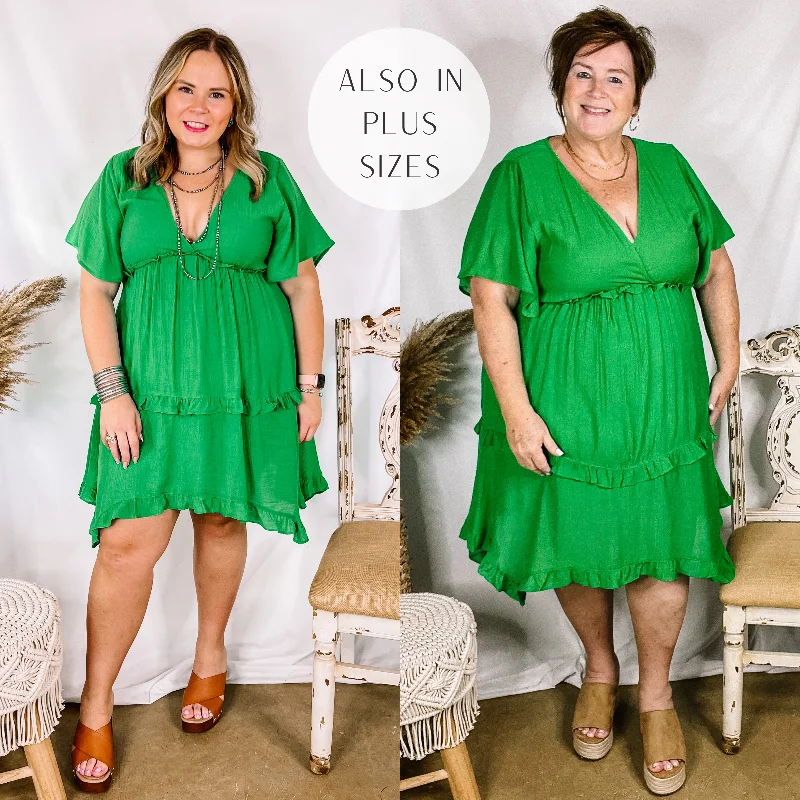 Markdown Madness Movie Moment Ruffle Detailed V Neck Dress in Green