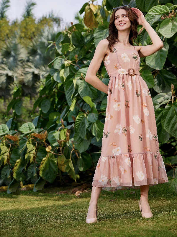 Price Drop Women Nude Floral Belted Strappy Maxi Dress