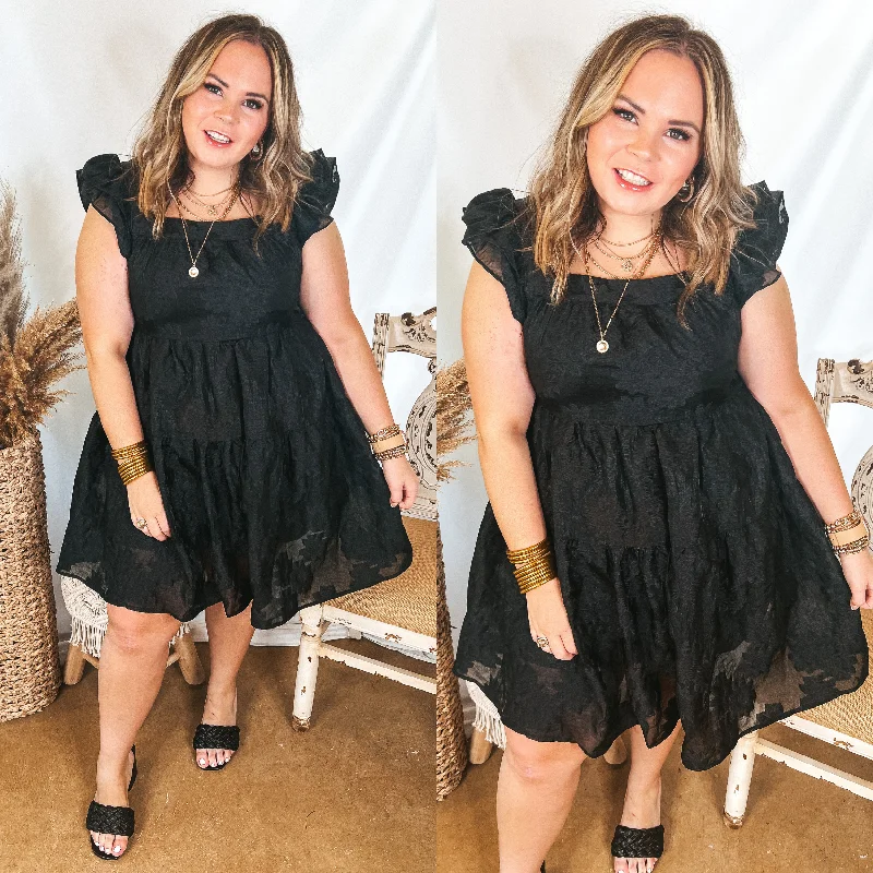 Limited Availability Last Chance Size XL & 1XL | Sweet On Me Floral Embossed Dress with Ruffle Cap Sleeves in Black