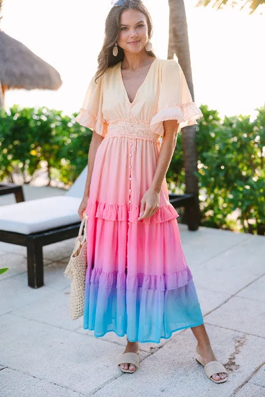 Savings Event Into The Sunset Pink Ombre Midi Dress