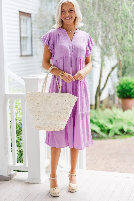 Savings Galore Feeling The Joy Lavender Purple Eyelet Midi Dress