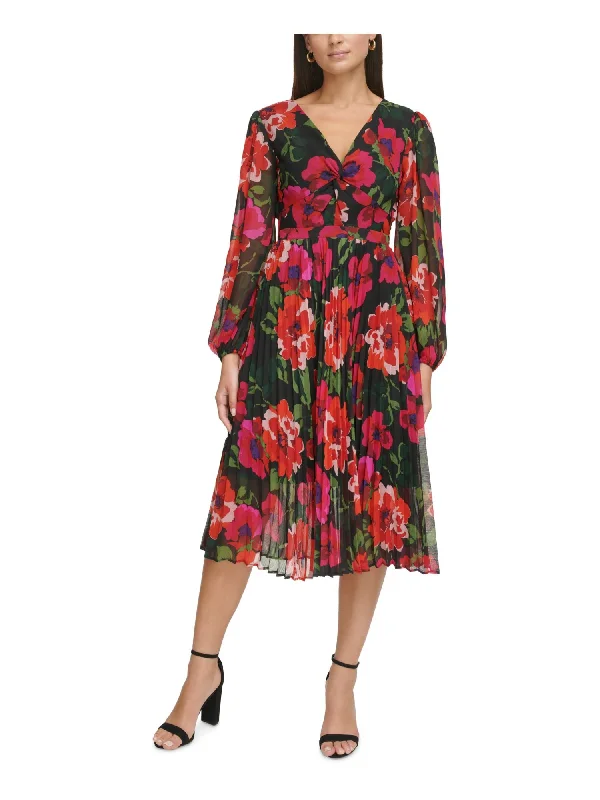 Fantastic Offers KENSIE DRESSES Womens Black Lined Ruched Twist Pleated Pull-on Floral Blouson Sleeve V Neck Midi Party Fit + Flare Dress Fantastic Offers KENSIE DRESSES Womens Black Lined Ruched Twist Pleated Pull-on Floral Blouson Sleeve V Neck Midi Party Fit + Flare Dress