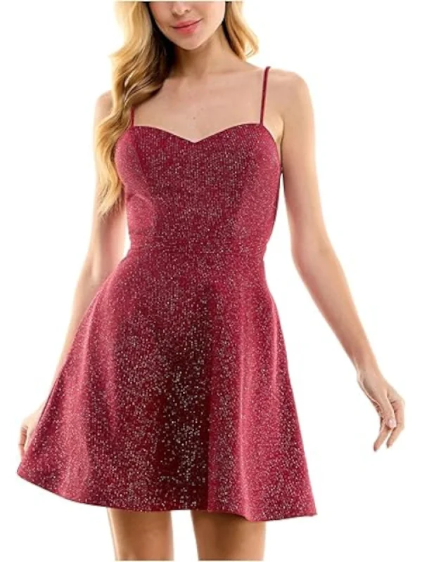 Huge Discounts CITY STUDIO Womens Maroon Metallic Zippered Pocketed Open Back Adjustable Pinstripe Spaghetti Strap Sweetheart Neckline Short Party Fit + Flare Dress Huge Discounts CITY STUDIO Womens Maroon Metallic Zippered Pocketed Open Back Adjustable Pinstripe Spaghetti Strap Sweetheart Neckline Short Party Fit + Flare Dress