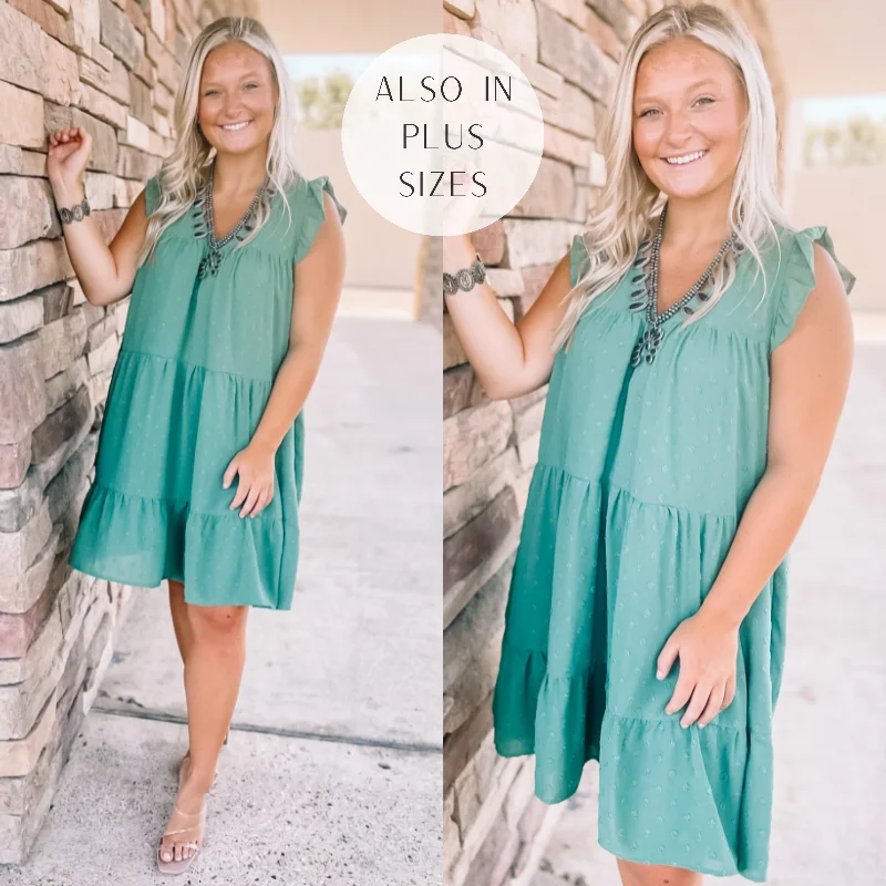 Exclusive Access Real Romance Swiss Dot Tiered Dress with Ruffle Cap Sleeves in Olive Green