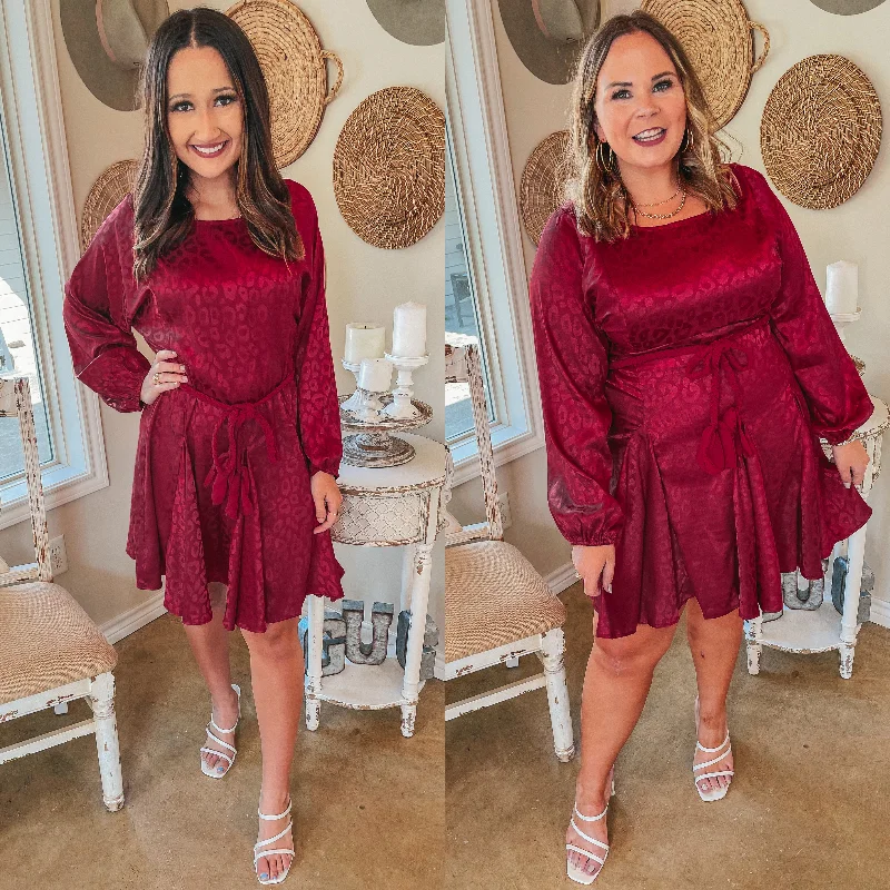 Sneak Peek Sale Dream Worthy Leopard Long Sleeve Satin Dress with Braided Belt in  Berry Red