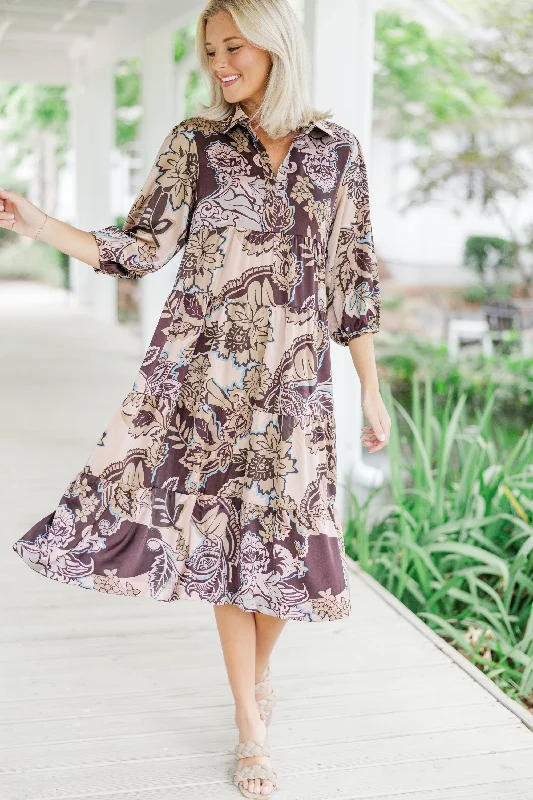 Deal of the Week Here For The Day Brown Floral Midi Dress