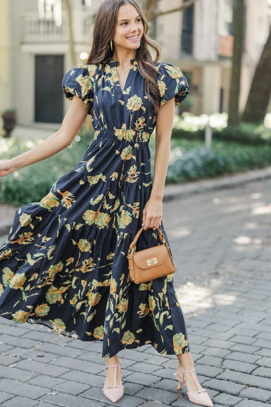 Grand Opening Sale Always On My Mind Black Floral Midi Dress