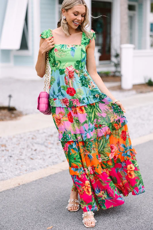 Discount Extravaganza Beauty In Bora Bora Green Tropical Floral Maxi Dress