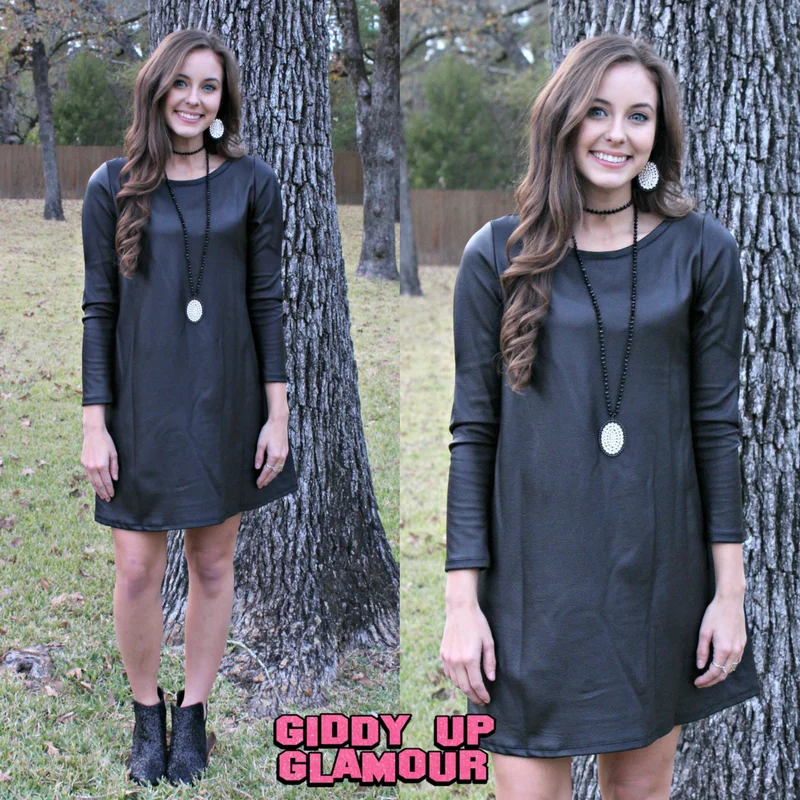 Weekend Special Stop and Stare Textured Faux Leather Long Sleeve Dress in Black