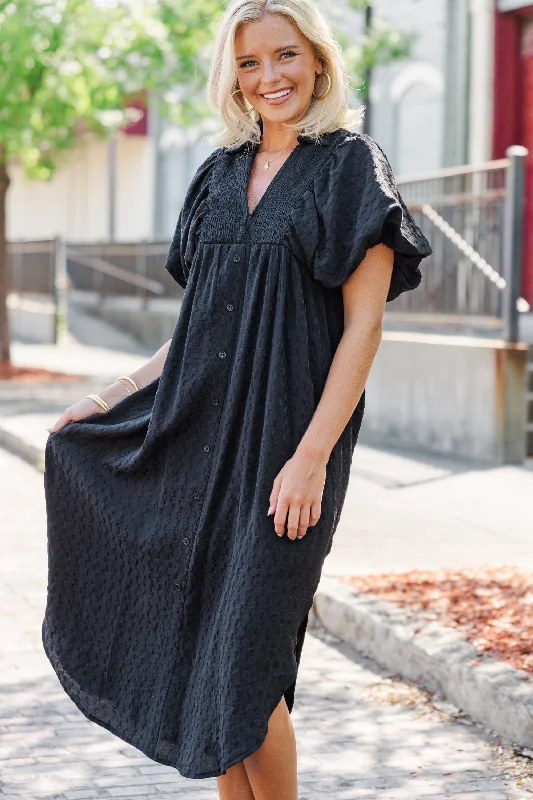 Stock Up and Save For The Fun Black Textured Midi Dress