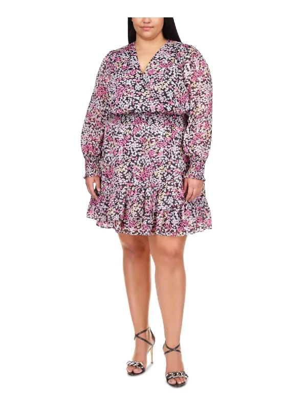 Super Bargain MICHAEL MICHAEL KORS Womens Black Smocked Metallic Sheer Lined Ruffled Pullover Floral Long Sleeve Surplice Neckline Above The Knee Fit + Flare Dress Super Bargain MICHAEL MICHAEL KORS Womens Black Smocked Metallic Sheer Lined Ruffled Pullover Floral Long Sleeve Surplice Neckline Above The Knee Fit + Flare Dress