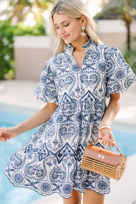 Friends and Family Sale Take You Out Navy Blue Embroidered Dress