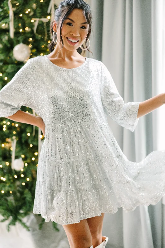 Hurry In Be Your Own Star Silver Sequin Babydoll Dress