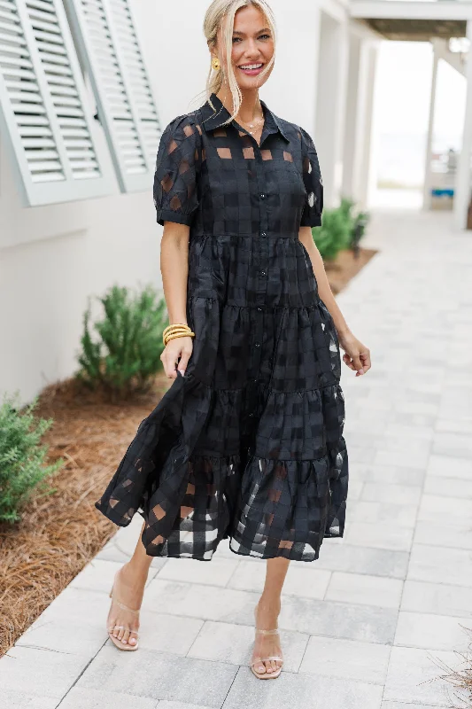 Fantastic Offers So Worth It Black Textured Button Down Midi Dress