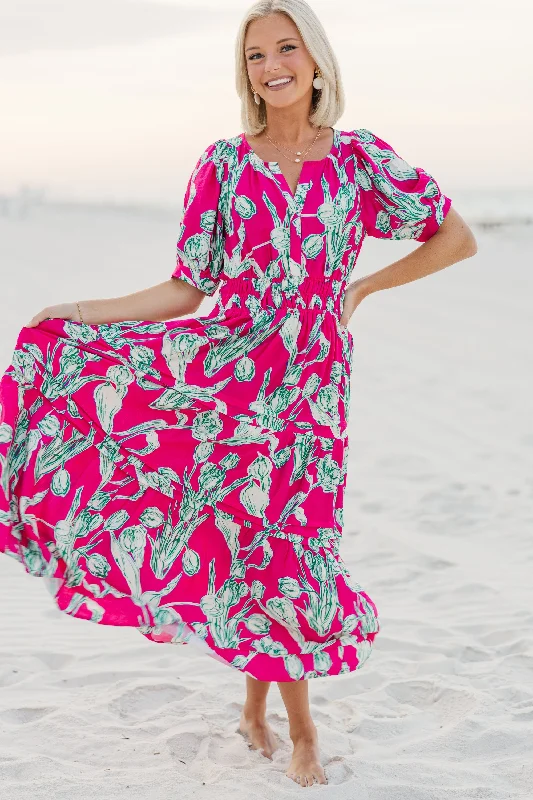 Epic Deals All You Hot Pink Floral Midi Dress
