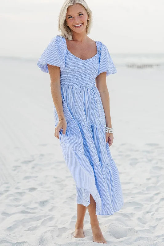 YEAR-End Clearance Through The Garden Blue Pin Stripe Midi Dress