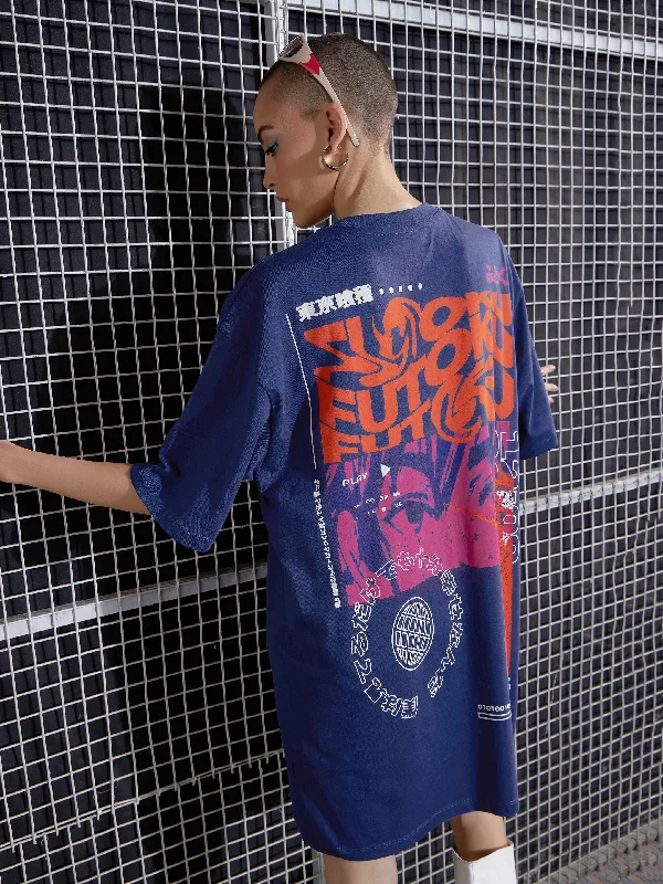 Price Rollback Women Navy FUTOKU Printed Oversized T-Shirt Dress