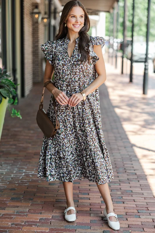 Price Rollback Just For Today Brown Ditsy Floral Midi Dress
