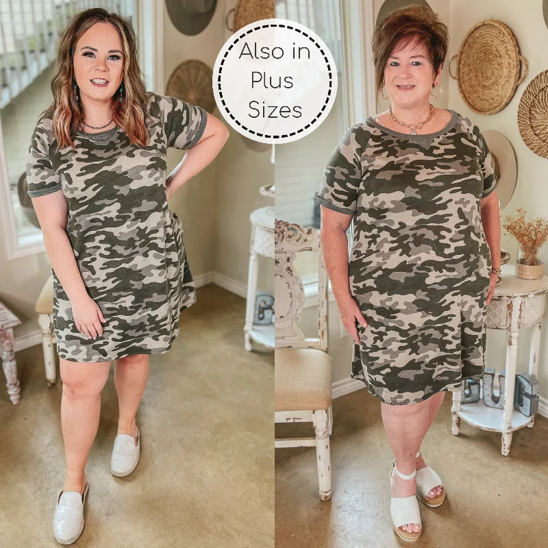 Don’t Miss Out Secret Spot Short Sleeve Tee Shirt Dress with Pockets in Camouflage