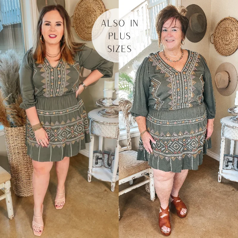 Buy Now Last Chance Size Small & 2XL | Let's Make Plans Embroidered V Neck Dress in Olive Green