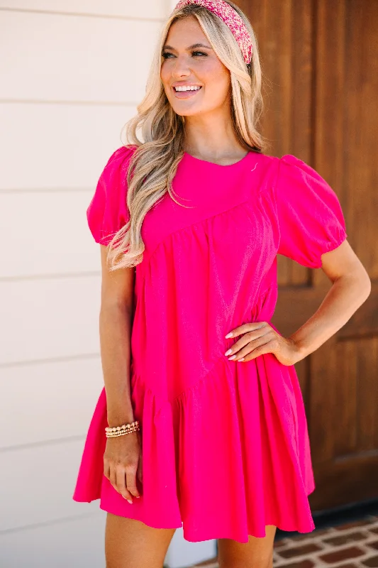 Midnight Madness Top Of Your Game Hot Pink Asymmetrical Babydoll Dress