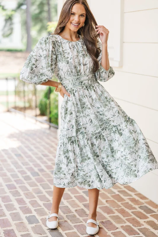 Bargain Prices On The Trails Sage Green Floral Midi Dress
