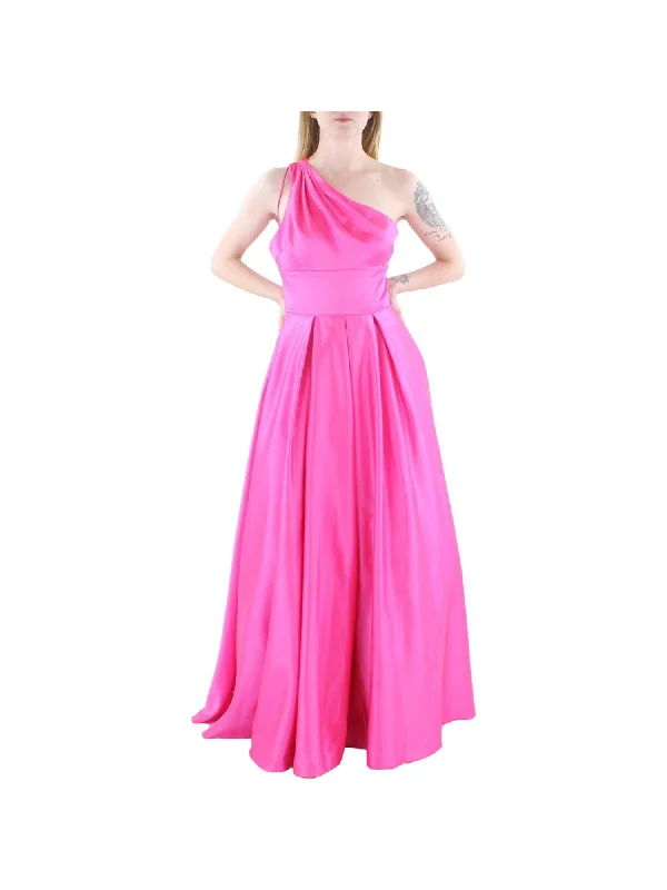 Referral Discount BLONDIE NITES Womens Pink Zippered Pocketed Pleated Lined Tulle Sleeveless Asymmetrical Neckline Full-Length Formal Gown Dress