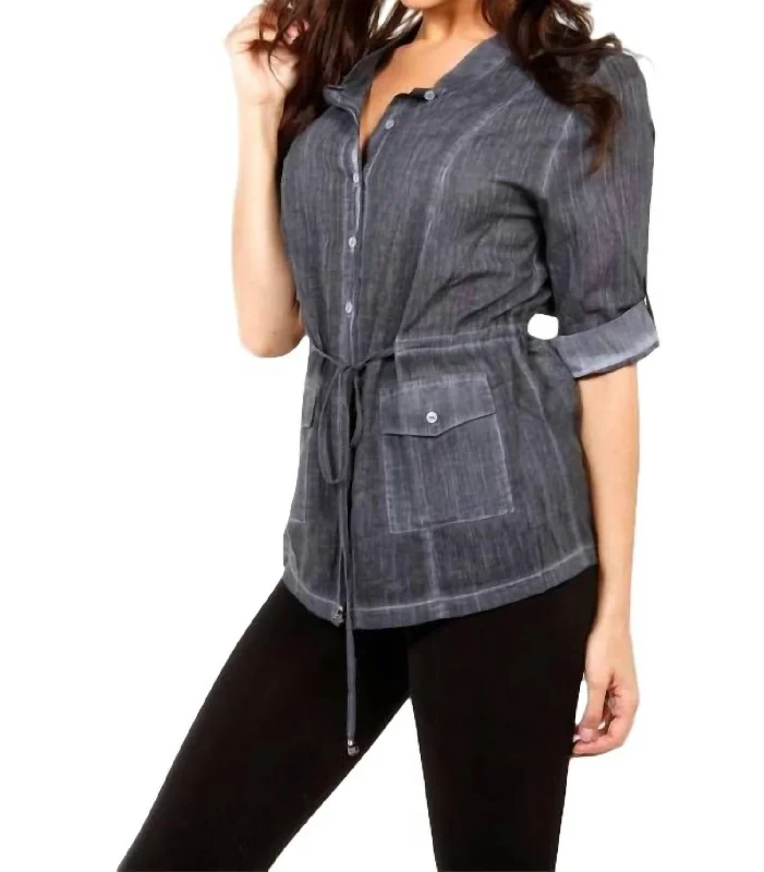 Price Break Oil-Washed Drawstring Shirt In Gray